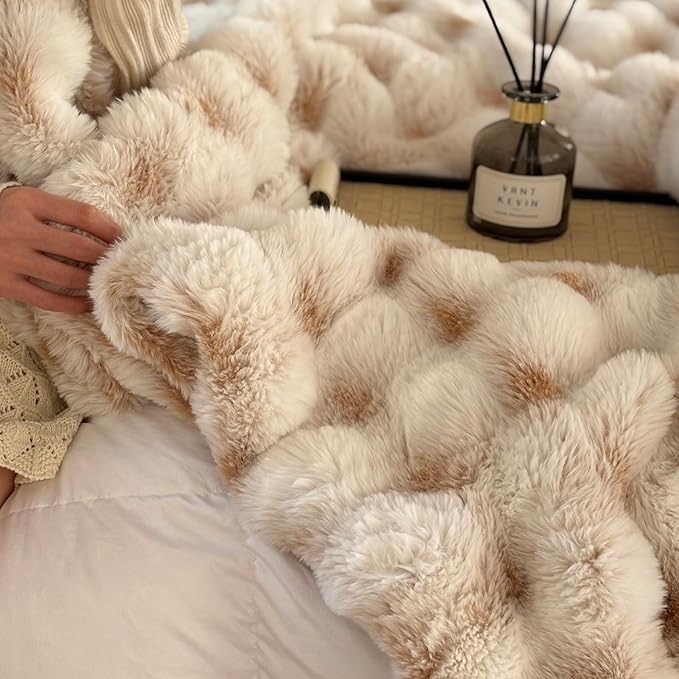 Luxury 1000GSM Throw Blanket, 60x80 Inches, Ultra Soft Double-Sided 3D Bubble Textured Faux Rabbit Fur, Frosted Khaki & White, Reversible High-Density Plush Warm Blanket for Sofa & Bed