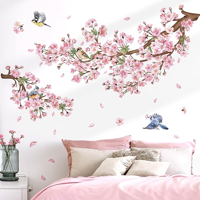 decalmile Cherry Blossom Branch Wall Decals Pink Floral Birds Wall Stickers Bedroom Living Room Sofa TV Background Wall Decor