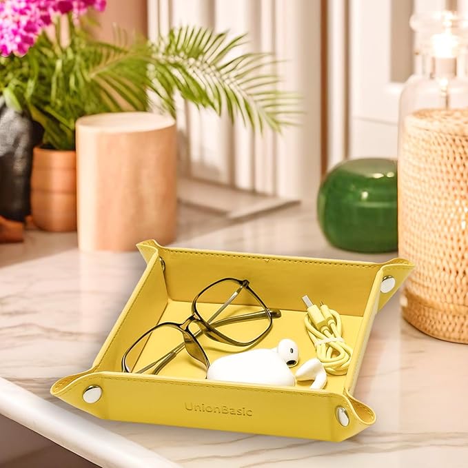 UnionBasic Small Valet Tray, Jewelry Tray for Rings Watches Earrings, Entryway Catchall Caddy for Coins Keys Change, Nightstand Bedside Valet Holder, Trays for Electronic Gadgets, Lemonade