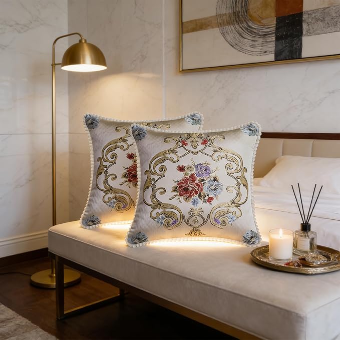 SZHELEJIAM Pillow Cover Set of 2, Jacquard Vintage Embroidered Pillow Case, for Sofa Cushion Cover for Sofa, Bed, Living Room, Throw Pillow Covers 18x18 Beige