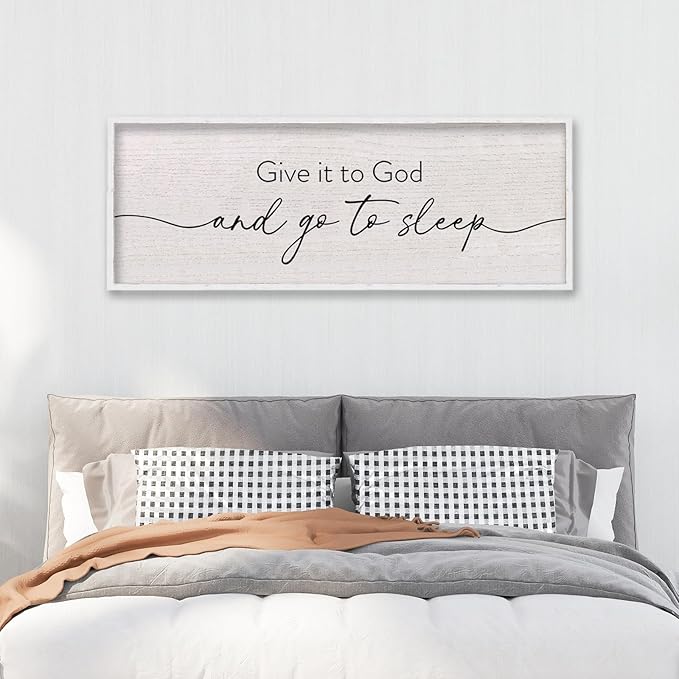 LuZhiQiang Catholic Wall Decor 40"×15" Give It To God And Go To Sleep Sign for Master Bedroom Above Over Bed Religious Faith Home Art Rustic Large Wood Framed Hanging (White)