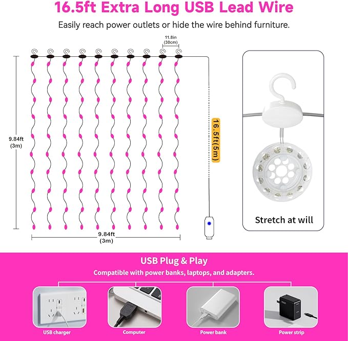 HXWEIYE 300LED Untangled Curtain Lights, 9.8x9.8Ft USB Fairy Twinkle String Lights with Remote and DIY Timer, 8 Modes Window Wall Hanging Light for Bedroom Dorm Backdrop Room Decor, Pink