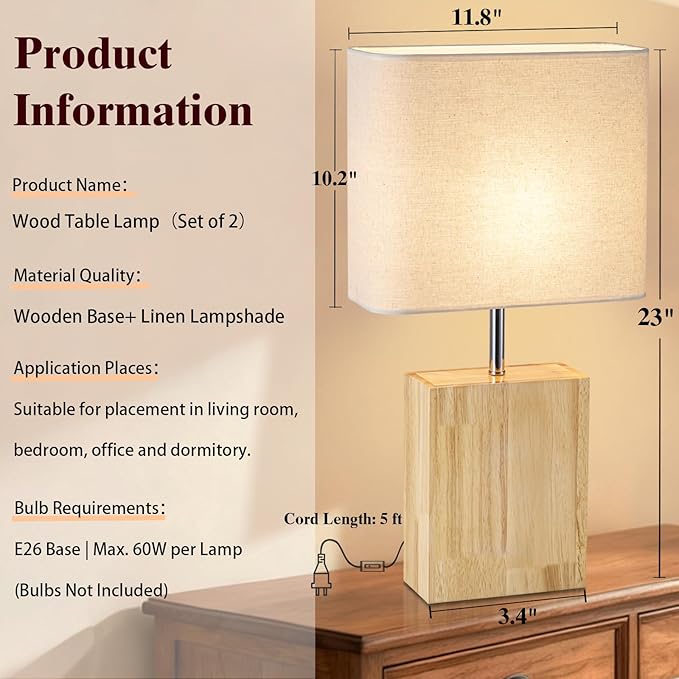 lapupu 23" Wood Table Lamp Set of 2 for Living Room, Modern Bedside Lamps for Bedroom, Large Farmhouse Nightstand Lamp, Desk Lamps for End Table Home Decor, Natural Wood