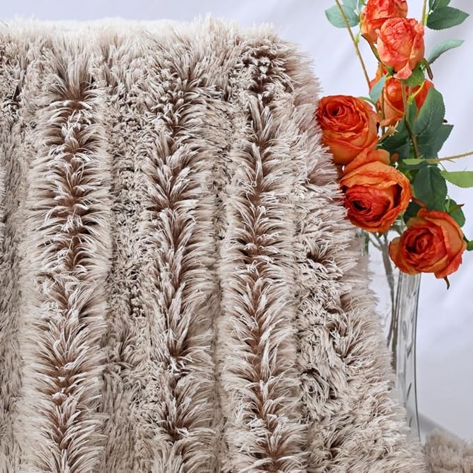 Plush Super Soft Blanket Bedding Sofa Cover Furry Fuzzy Fur Warm Throw Qulit Cozy Couch Blanket for Winter (51"x63",Brown and White)