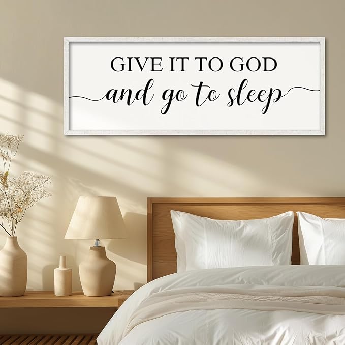 YWJKWLGS Give It To God And Go To Sleep Sign Large Bedroom Wall Decor Art 40x15 Inch Rustic Wooden Framed Above Over Bed for Peace Wall Hanging Plaque (White)