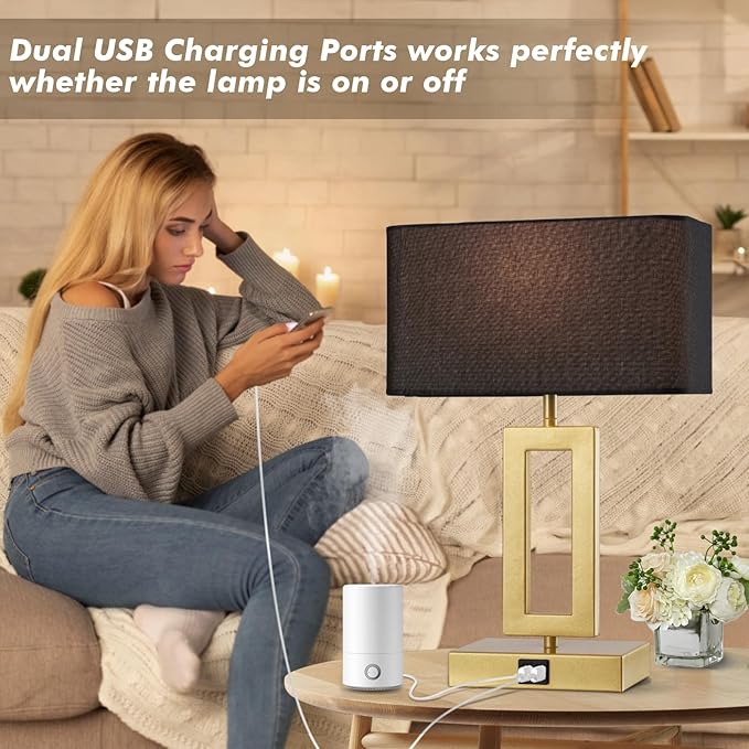 Black Table Lamps Set of 2 with Dual USB Ports,3-Way Dimmable Touch Control Bedside Lamps,Modern Bedroom Table Lamp for Living Room,Nightstand LED Bulbs Included
