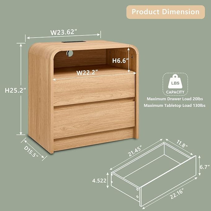 25" Tall Modern Nightstand Set of 2, 23.6'' Wide Wood Bedside Table w/2 Storage Drawers, Charging Station, Mid Century End Table for Bedroom, Living Room,Curved Profile Design, Natural Oak | Modern, Set of 2, Bedside Table, 2 Storage Drawers, Charging ...