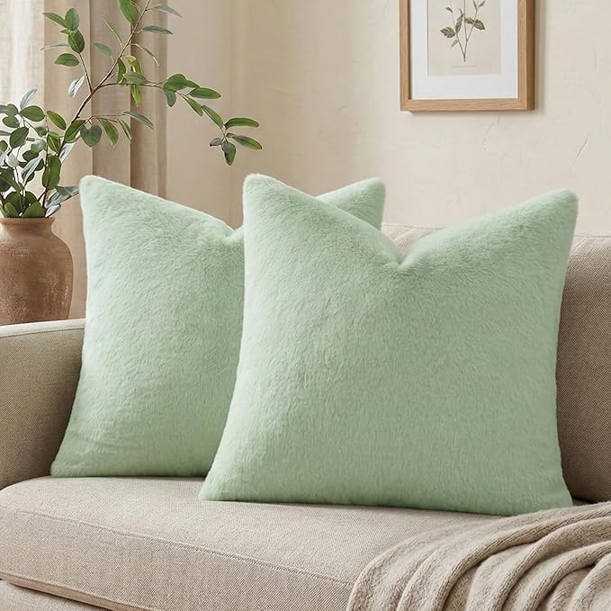 Pallene Faux Fur Plush Spring Throw Pillow Covers 24x24 Set of 2, Soft Fluffy Couch Pillow Covers for Living Room, Sage Green