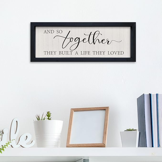 comurdyo And So Together They Built a Life They Loved Wall Sign Decor 16"×6" Above Bed Master Bedroom Wood Framed Hanging Wall Art (Black)