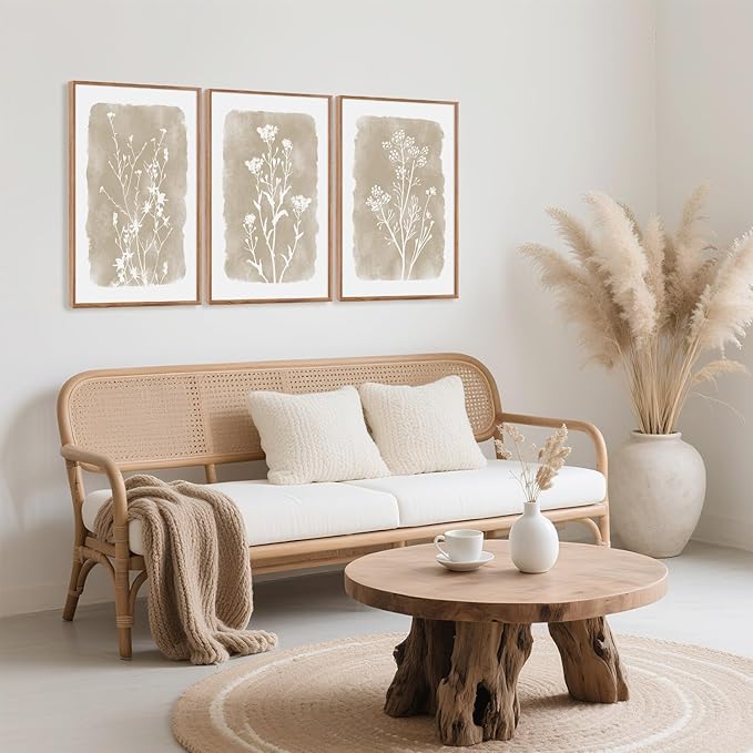 CHDITB Neutral Botanical Wall Art Set of 3, 24"x36" Large Framed Boho Farmhouse Flower Wall Decor, Modern Minimalist Floral Wall Painting, Begie Wildflower Canvas Art Prints for Living Room, Bedroom