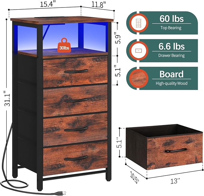 Yoobure Night Stand - LED Rustic Nightstand with Charging Station, Bedside Table with 4 Storage Drawers and Storage Shelf, End Table with USB Ports and Outlets