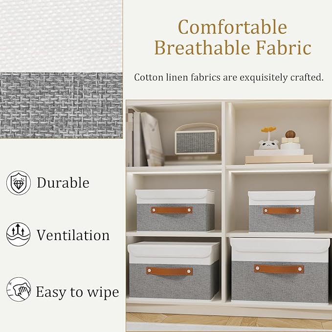 OUTBROS Fabric Storage Bins Cube Organizers with Flip-Top Lid and Handles,Storage Boxes for Organizing Home,Office,and Closet,White/Grey,5 Pack 10.2 x 7.9 x 6.7 in