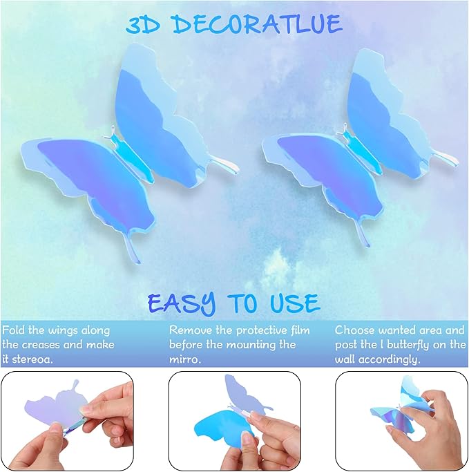 BBTO 48 Pieces Butterfly Wall Decor DIY 3D Mirror Butterfly Stickers Removable Decals Crafts for Birthday Party Bedroom School Bathroom Living Room Decor(Blue)