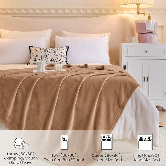 Twin Fleece Blankets for Women, Silky Flannel Fuzzy Blanket for All Season, Cozy Lightweight Blanket for Couch, Bed, Sofa, 60" x 80", Camel, Twin
