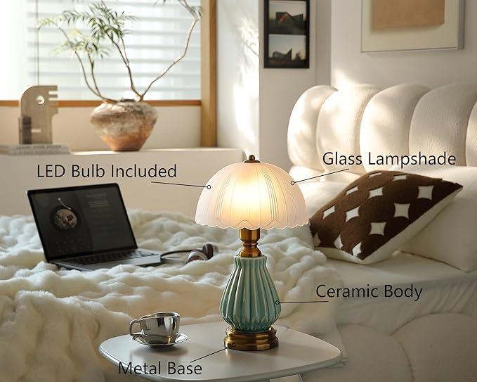 Vintage Table Lamp for Living Room,16" Mid Century Modern Ceramic Lamps for Bedroom,Retro Bedside Nightstand Mushroom Glass Lamps, Classic Chinoiserie Green Lamp for Home Decor (LD004)