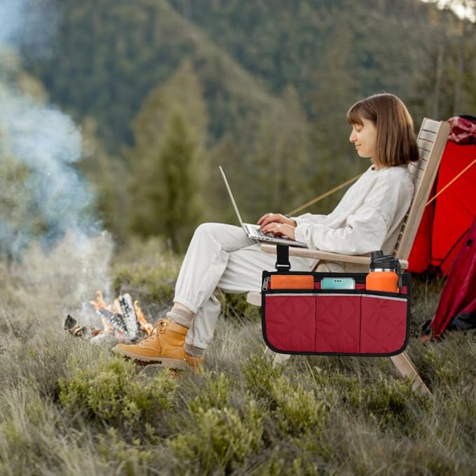Camping Armrest Storage Bag, Chair Armrest Organizer, Car Seat Hanging Bag, Extended Back Buckle Canvas Beach Chair StorageBag, Side HangingBag For Bedside/Outdoor/Beach/Camping(red)