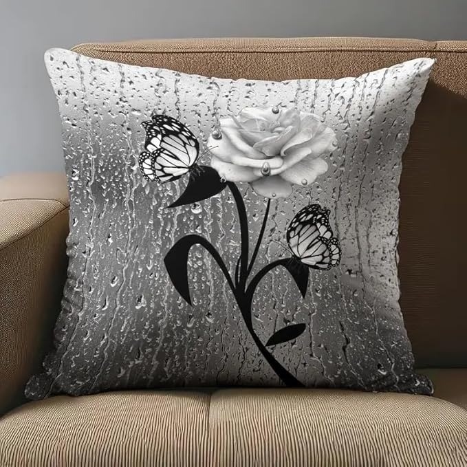 2pcs Elegant Decorative Throw Pillow Cover with Butterfly and Rose Design, Black and White Raindrop Pattern, Square Shape，18x18 Pillows Linen Pillowcase