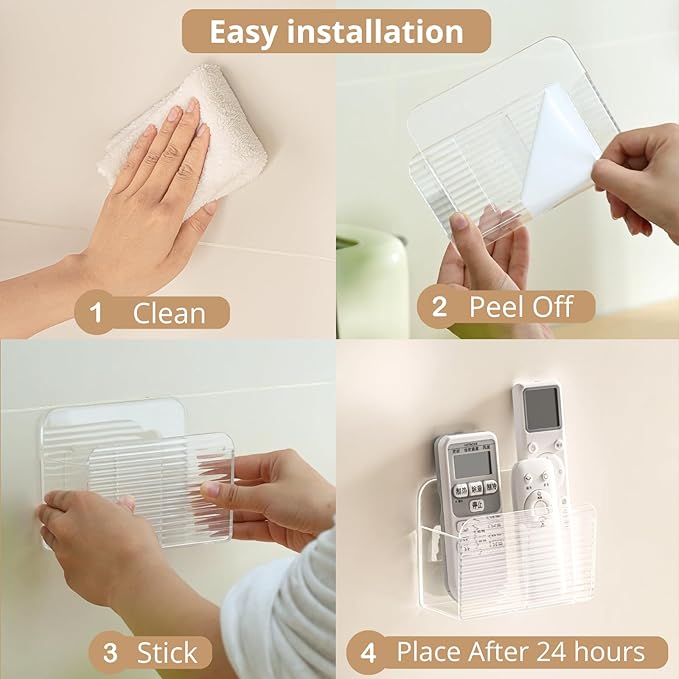 LINFIDITE Adhesive TV Remote Control Holder Wall Mount TV Remote Holder For Bedside Wall Remote Control Caddy Storage Organizer Stand Box （For 2 Or 4 Remote Controls – Transparent – Quantity 1）