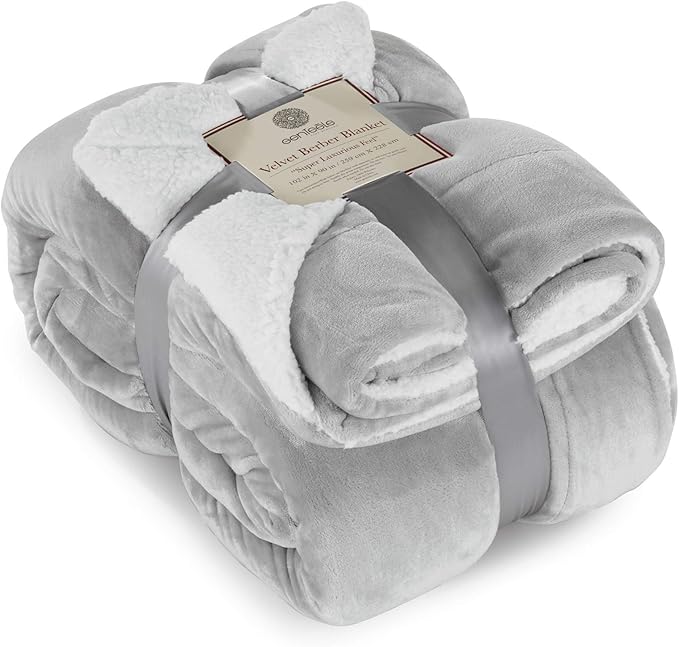 Genteele Sherpa Throw Blanket Super Soft Reversible Ultra Luxurious Plush Blanket, 102 x 90 inches, Silver/White
