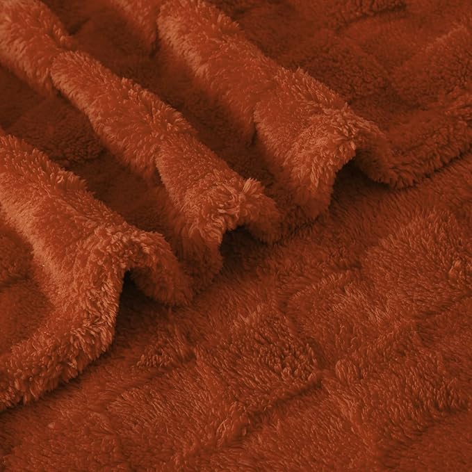 Burnt Orange Fleece Throw Blanket 108”×90” for Couch Sofa Bed,Super Soft Cozy Plush Microfiber Flannel Blanket with 3D Checkered Design Lightweight for Adults,Woman,Girls