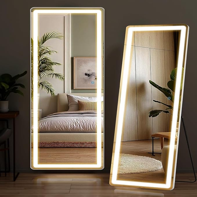 NEWBULIG Full Length Mirror with Stand 26"×71.1", LED Light Floor Standing with 3 Color Lighting for Bedroom Body Hanging Modern Simple Home Decor Wall Living Room Cloakroom
