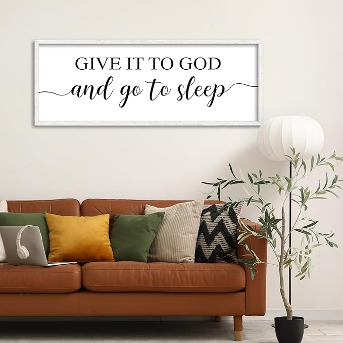 YWJKWLGS Give It To God And Go To Sleep Sign Large Bedroom Wall Decor Art 40x15 Inch Rustic Wooden Framed Above Over Bed for Peace Wall Hanging Plaque (White)
