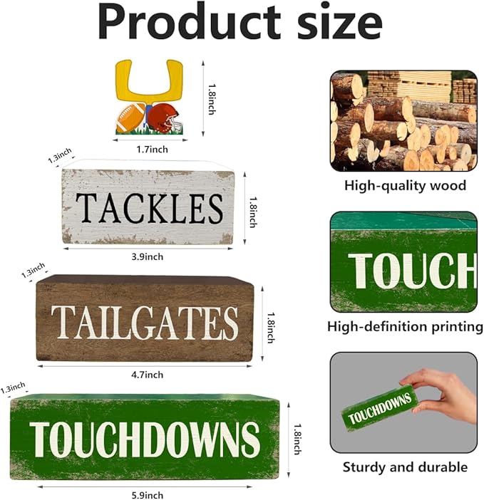 4 Pcs Football Table Decorations Wooden Football Tiered Tray Decor Sport Game Centerpiece Block Sign for Tailgate Birthday Party Tabletop Desk Shelf Mantel Fireplace Home Decor