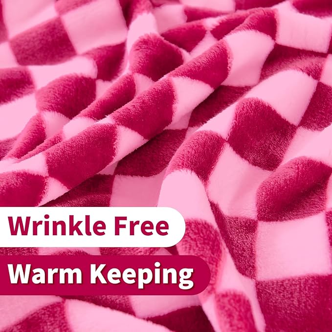 FY FIBER HOUSE Checkered Flannel Fleece Throw Blanket Soft Cozy Checkerboard Grid Print Chessboard Gingham Pattern Blankets for Bed Couch Sofa, 40"x50", Hot Pink