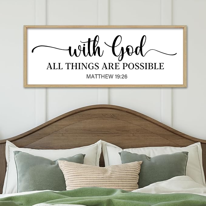 With God All Things Are Possible Sign Wall Decor 40"×15" Matthew 19:26 Bible Verse Jesus Religious Christian Scripture Prayer Large Wooden Framed Wall Hanging Art (Wood)