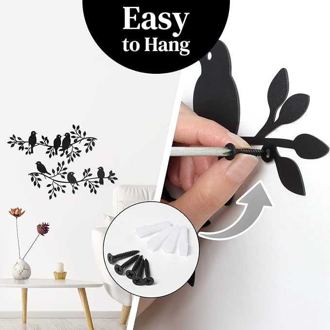 LOMOHOO Metal Birds Wall Decor Art Leaves 6 Birds on Vine Olive Branch Iron Sculptures Silhouette Metal Hanging Ornament Bedroom Living Room Indoor Outdoor Decoration