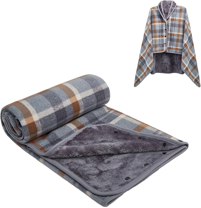 forestfish Fleece Wearable Blanket, Plaid Lap Blanket Comfy Poncho Throw with Buttons for Bed Sofa Office
