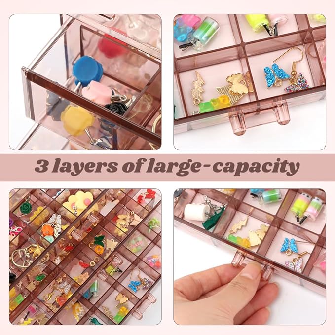 Jewelry Organizer, Earring Holder Organizer Box with 3 Layers, 72 Grids Earring Case, Jewelry Box for Girls, Craft Storage Containers for Nail Charms, Ring, Earrings(Tan)
