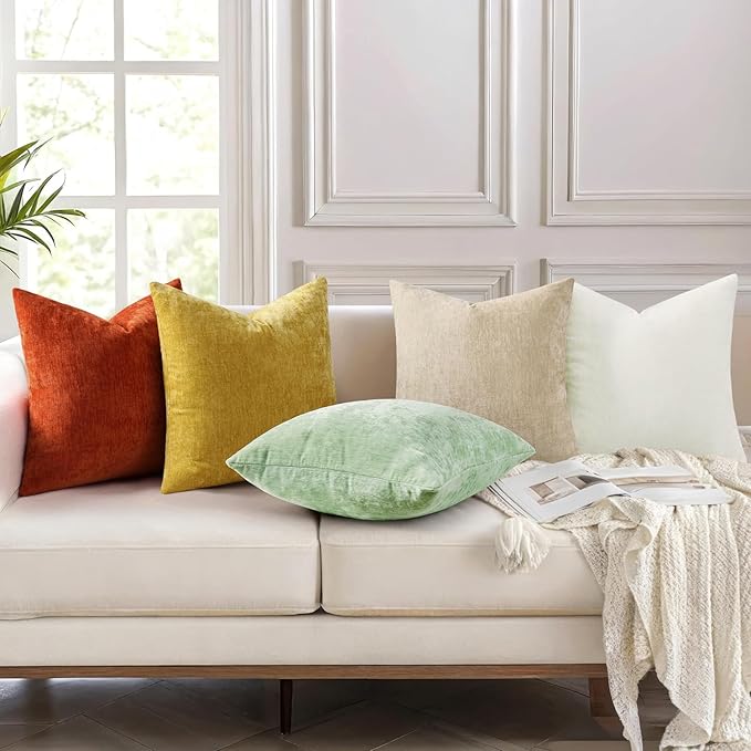 decorUhome Chenille Beige Throw Pillow Covers 20x20 Inch Set of 2, Decorative Soft Couch Pillow Covers Solid Dyed Accent Farmhouse Neutral Square Pillow Cases for Sofa