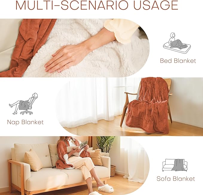 Electric Heated Blanket Twin Size 62"x84" - Flannel & Sherpa Fabric Dual-Sided, 6 Heat Settings & 10 Hours Auto Off, Soft & Cozy Warming Throw for Home, Office, or Bed, Machine Washable, Caramel