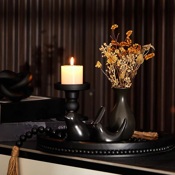 3 Pcs Coffee Table Decor Include 12in Black Wooden Serving Tray, Wood Boho Knot Chain and Wood Bead Garland with Tassels for Coffee Table Housewarming Gift Dining Room Entryway Living Room Farmhouse