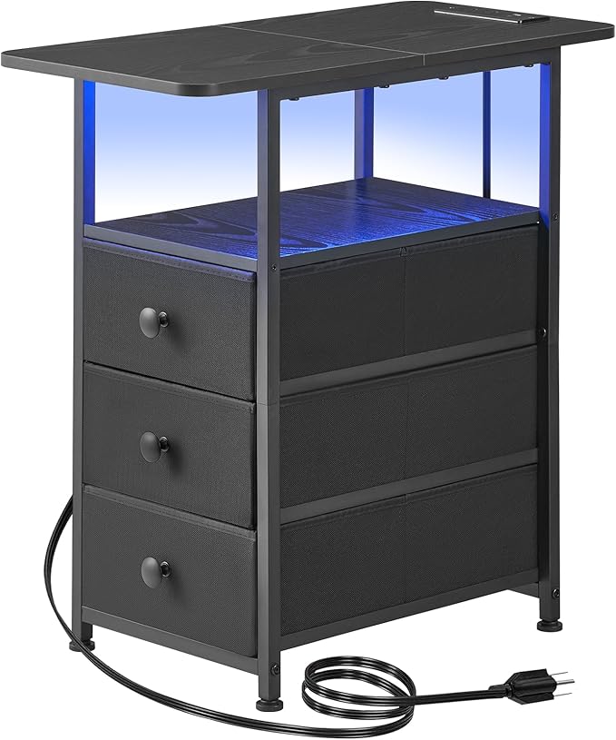 Narrow End Table with Charging Station, Narrow Side Table with 3 Fabric Drawers, Slim Nightstand with LED Light, Small Bedside Table with Storage, Living Room, Bedroom, Black HKET1303BK
