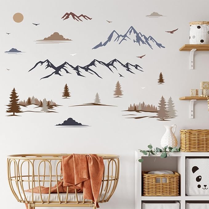 HLNIUC Big Mountain Wall Decal Peel and Stick 35”x16”Forest Nature Landscape Window Clings Mountain Ridge Pine Trees Removable Wall Stickers Art Geometric Mountains Room Decals for Living Room Bedroom