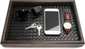 Wooden Valet Tray Desk Organizer with Leather Base,Nightstand, Entryway Bedside Dump Holder for Wallets, Keys, Watches, Jewelry & Sunglasses