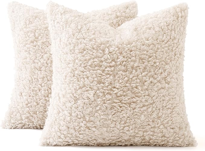 MIULEE Pack of 2 Faux Fur Throw Pillow Covers 18x18 Inch Neutral White Boucle Decorative Sherpa Pillow Covers Fuzzy Accent Soft Sheepskin Fleece for Boho Home Decor Sofa Living Room Couch Bed
