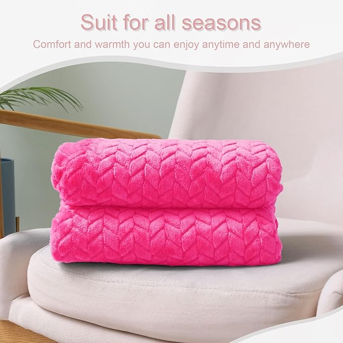 Exclusivo Mezcla Fleece Throw Blanket for Couch and Bed, 50x70 Inches Soft Cozy Jacquard Flannel Blankets, Lightweight Fuzzy Plush Warm Throws for Women, Hot Pink