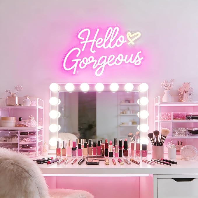 Hello Gorgeous Neon Signs for Wall Decor, Hello Beautiful Pink LED Neon Lights Sign with Dimmable Switch for Girls Bedroom, Makeup Room Decor, Wedding, Birthday Party (Pink)