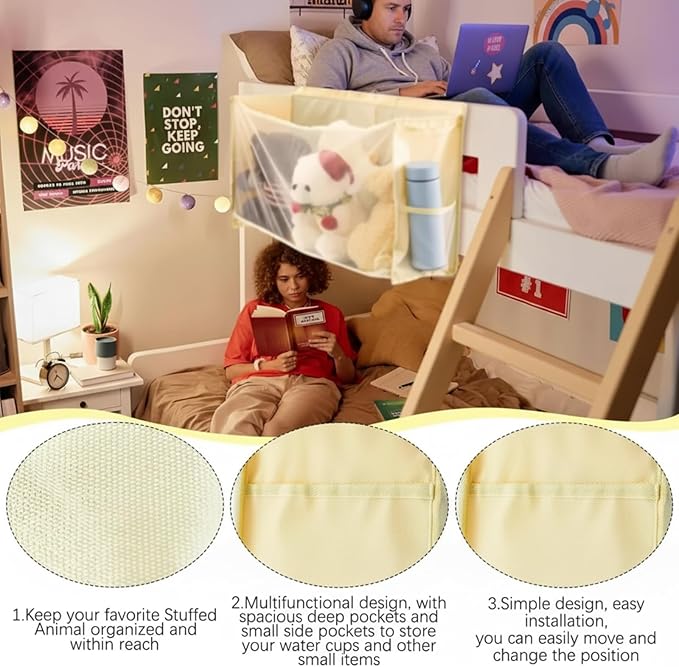 Bedside Stuffed Animal Organizer Storage - Large Capacity Space Saving Plush Toy Organizer Net with Reinforced Sides & Extra Pockets, Stuffy Holder Bed Caddy, Beige