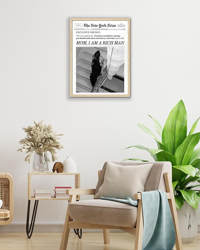 EcoHest Small Trendy Newspaper Framed Wall Art, 8x10 in OAK Wood Mom I Am a Rich Man Canvas Art, Magazine Girly Poster College Dorm Decor, Beige Logs Set of 1 for Bedroom Living Room