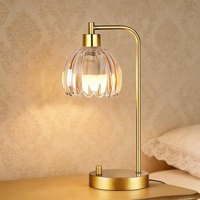 Glass Table Lamp Set of 2,Small Gold Bedside Lamps Dimmable Boho Bedroom Lamp with Tulip Flower Amber Lamp Shade,Vintage Mid Century Modern Mini Nightstand Lamp for Bedroom Living Room