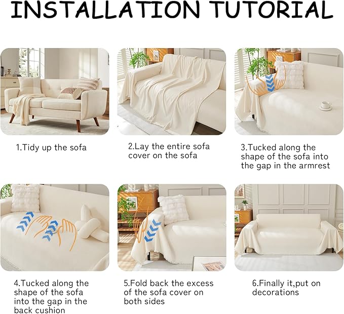 HANDONTIME Beige Sofa Cover with Tassels, Soft & Thick Couch Slipcover for 3 Cushion Sofa Pet-Friendly, Chenille Pet Covers for Couches and Sofas Washable, Cream Sectional Sofa Protector, 91"x134"