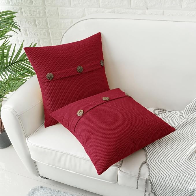 HWY 50 Red Chenille Throw Pillow Covers 16x16 Inch with Triple Buttons, Soft Farmhouse Accent Decorative Cushion Cases for Couch Sofa Bed Bedroom Pack of 2