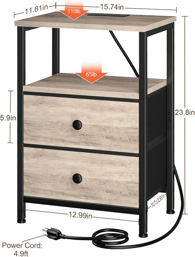 Night Stand with Charging Station, Small Bedside Table with 2 Fabric Drawers, Nightstand with USB Ports & Outlets for Bedroom, Living Room, Grey, HETS020GY-1