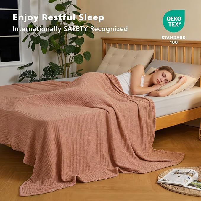 EMME Cotton Muslin King Blanket Bed Layering Breathable Gauze Blanket Soft Lightweight Blankets Adults (Orange Red, 108"x90")