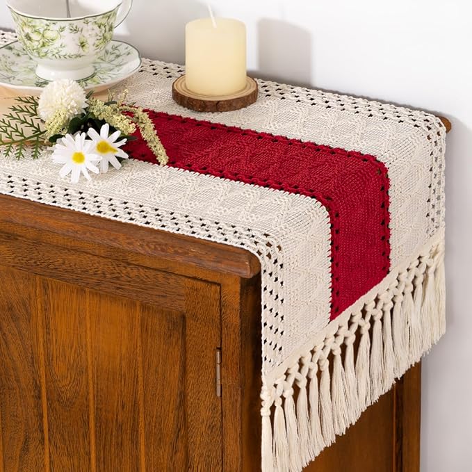 Socomi Boho Table Runner Macrame Easter Spring Farmhouse Woven Cotton Linen Rustic Coffee Table Runner with Tassels for Dresser Scarf Home Decor Dining Room 12x90 in Red Ivory