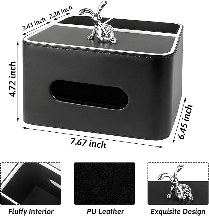 PU Leather Tissue Box Cover Square - Multifunctional Tissue Box Holder with Storage, Tissue and Remote Control Holder Organizer with Compartments for Bedroom Nightstand, Desk, Living Room (Black)